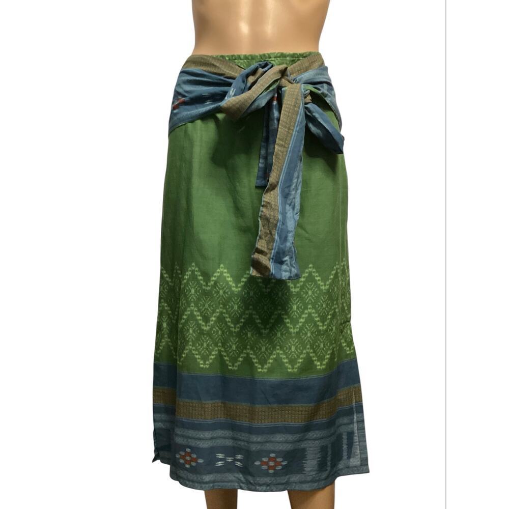 The Territory Ahead Cotton Midi Skirt Green Ikat Batik Boho Tie Waist size 8